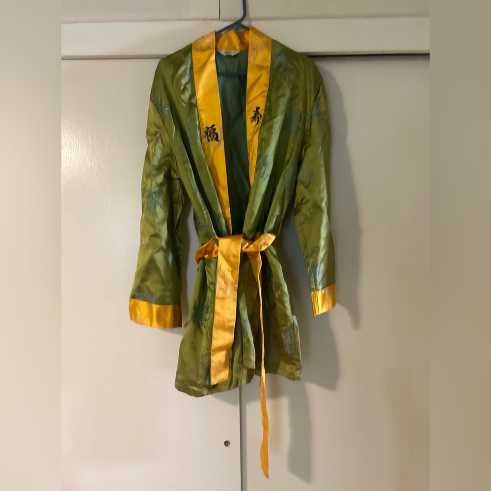 Green and Yellow Satin Robe by Queen Bee sz Large.